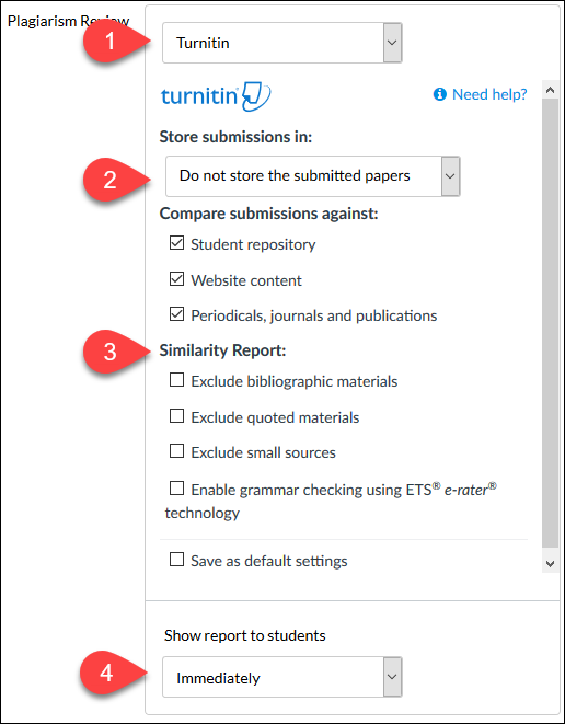 Turnitin Framework Settings select Turnitin (1), (2) Similarity Report