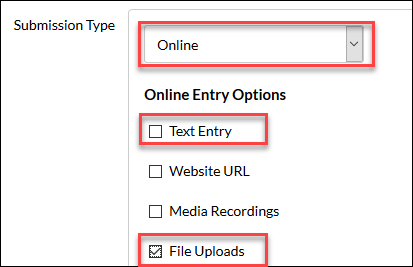 Screenshot in Canvas assignments showing how to select Online and the different options availa