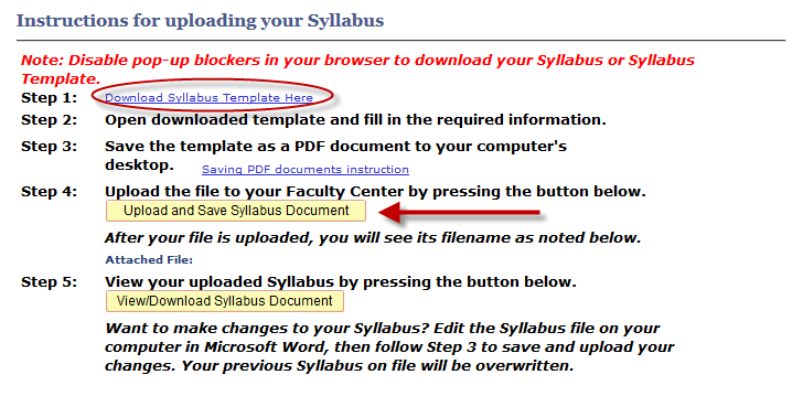 a screenshot of the Syllabus Template circled in red and an arrow pointing to the Upload Syllabus link