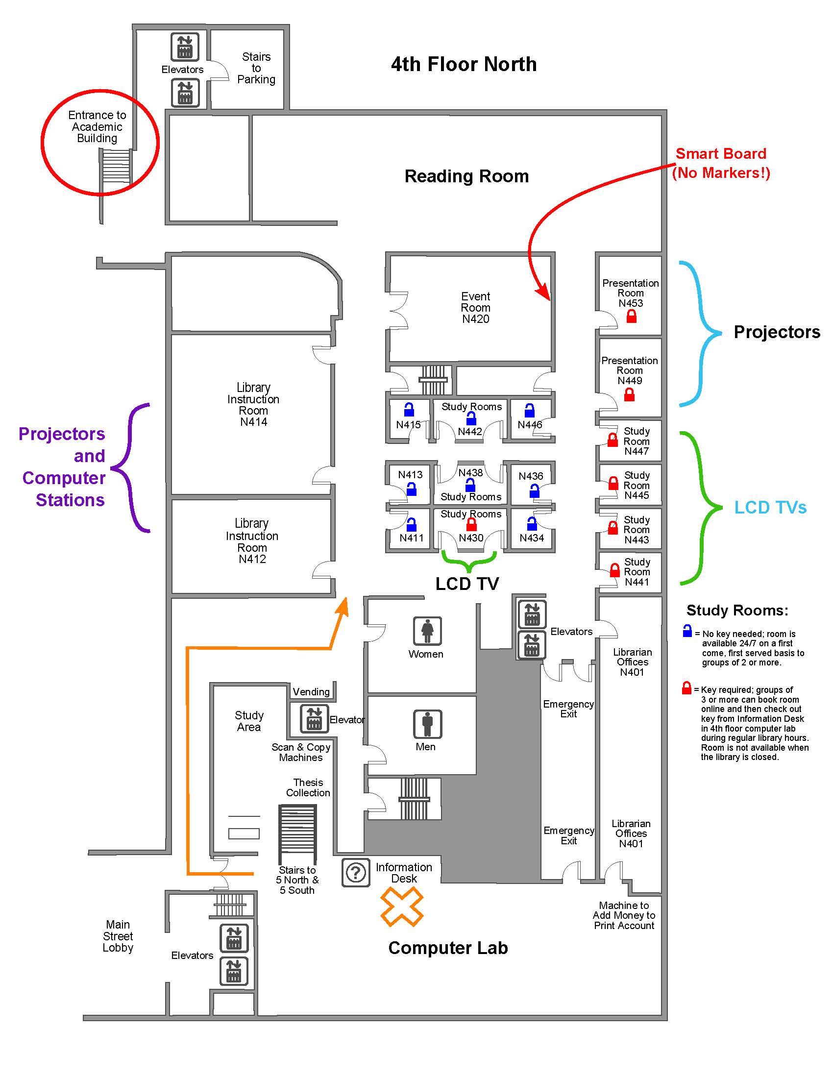 Map of 4th Floor North. Eight study rooms are available any time the One Main Building is open to groups of 2 or more; those rooms are N411, N413, N415, N434, N436, N438, N442, and N446. Seven rooms have technology equipment and can only be reserved and checked out by groups of 3 or more during library hours; check the key out from the Information Desk in the 4th Floor Computer Lab.  Those rooms are N430, N441, N443, N445, N447, N449, and N453.  Stop by the Information Desk in the 4th Floor Computer lab for assistance.