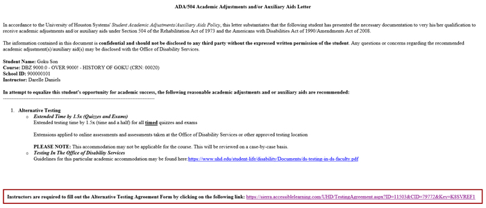 Screenshot of Academic Adjustments Auxilliary Aid Letter