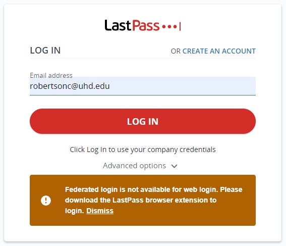 Message stating that a LastPass browser extension is needed