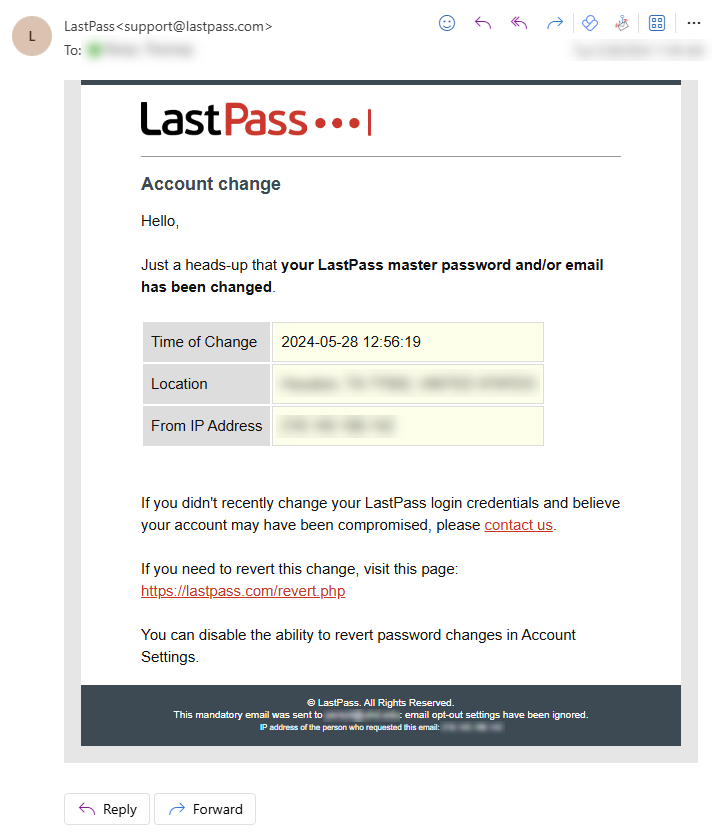 LastPass Password Reset Confirmation