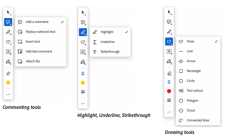 Three variations of the commenting toolbar in Adobe. Commenting tools, Highlight, underline, and Strikthrough, and the Drawing tools