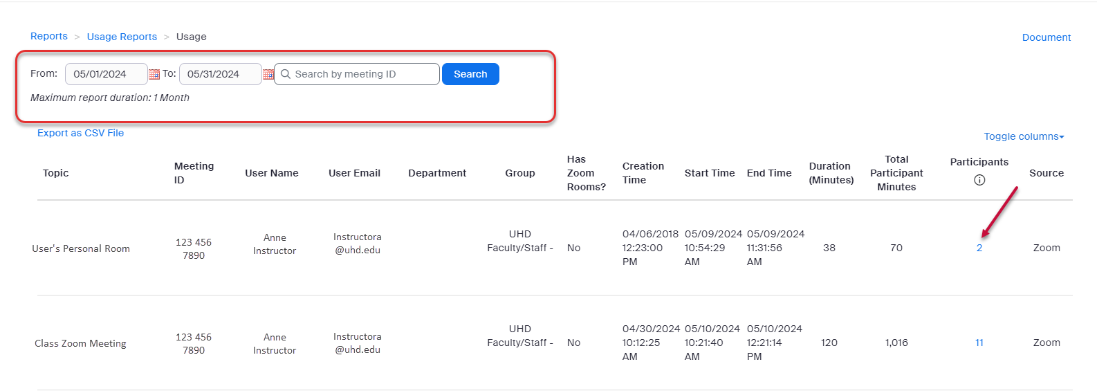 Search for Zoom meeting by date range or ID and then select the number of participants