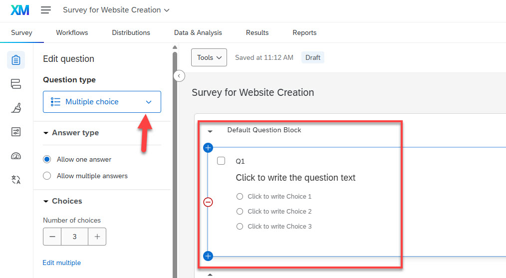 Builder section of Qualtrics Survey, highlighting question 1 and the Question type dropdown menu
