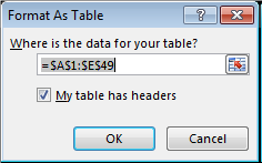 a screenshot of the Format as Table data array selector