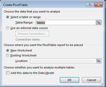 a screenshot of the create pivottable dialog box