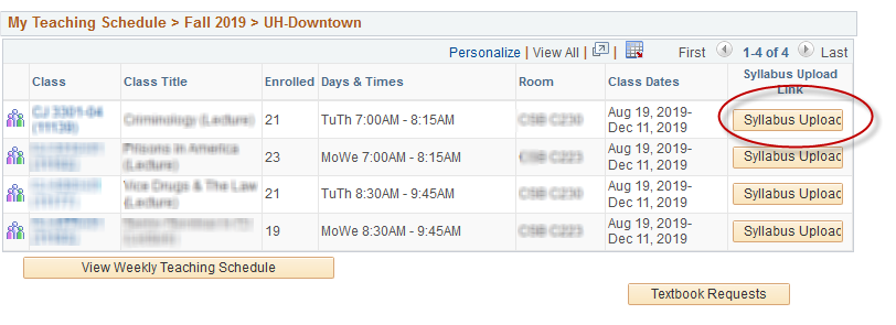 a screenshot of the Course Schedule for the selected term with the Syllabus Upload link circled in red