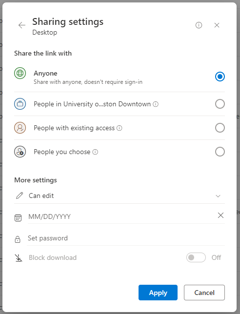 share settings window