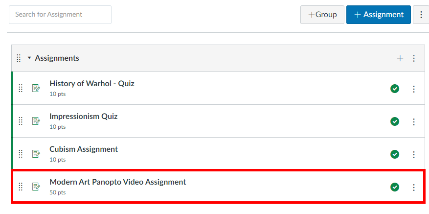 Assignments window, Canvas.  A new Panopto Video Assignment appears, and is highlighted by a red box.