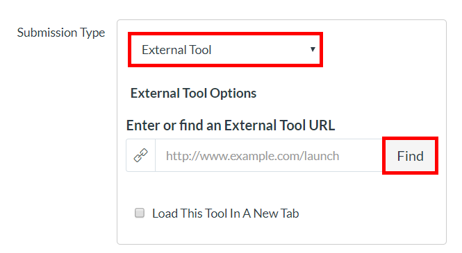 Submission Type section, new Canvas assignment. On it, "External Tool" is selected in the dropdown menu and highlighted by a red box, as is the option to "Find," for "Enter or find an External Tool URL"