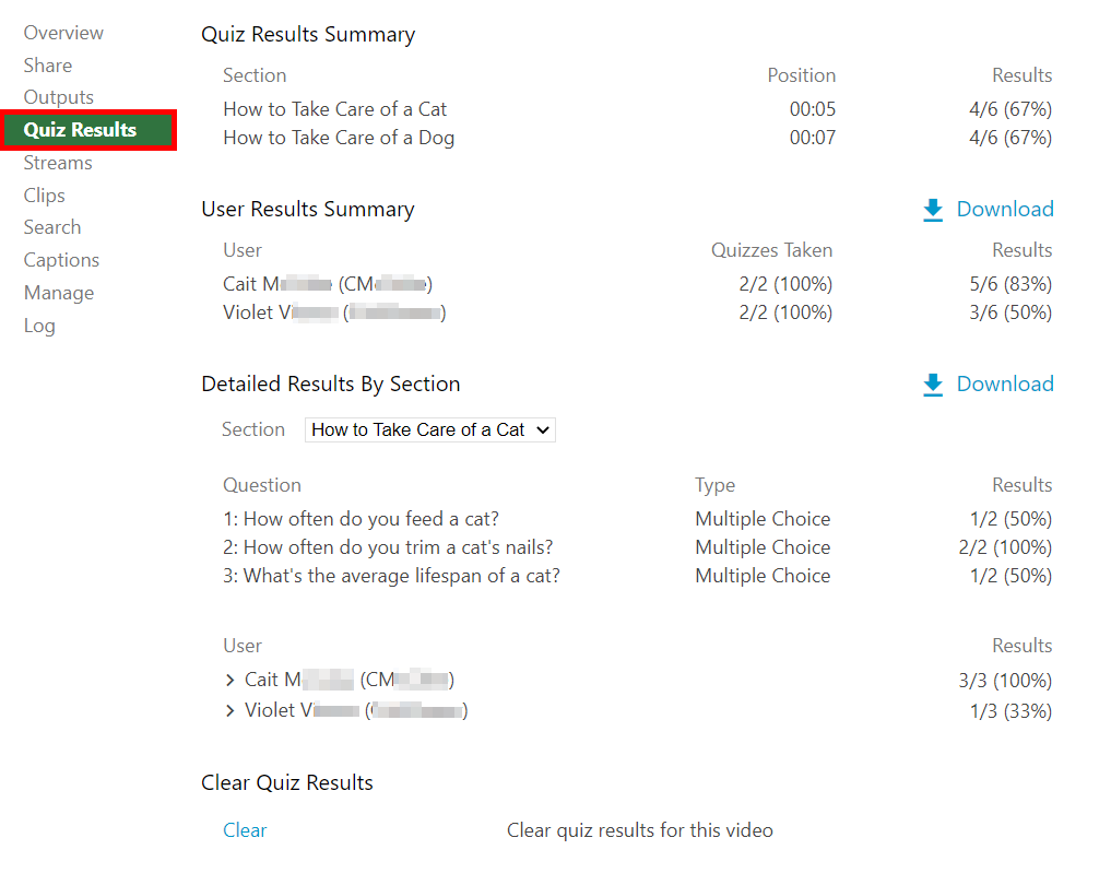 Quiz Results tab of the video's Settings window. It is highlighted by a red box. 