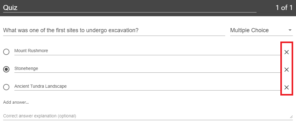 Multiple choice quiz form. To the right of the potential answers, the column that shows the X option to remove is highlighted by