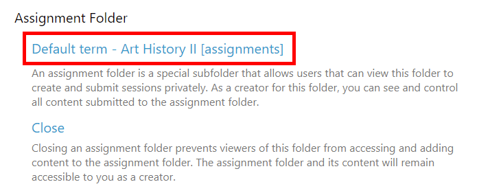 Assignment folder section, Overview tab of a folder's settings. On it, a link to new assignment folder appears related to the course and is highlighted by a red box