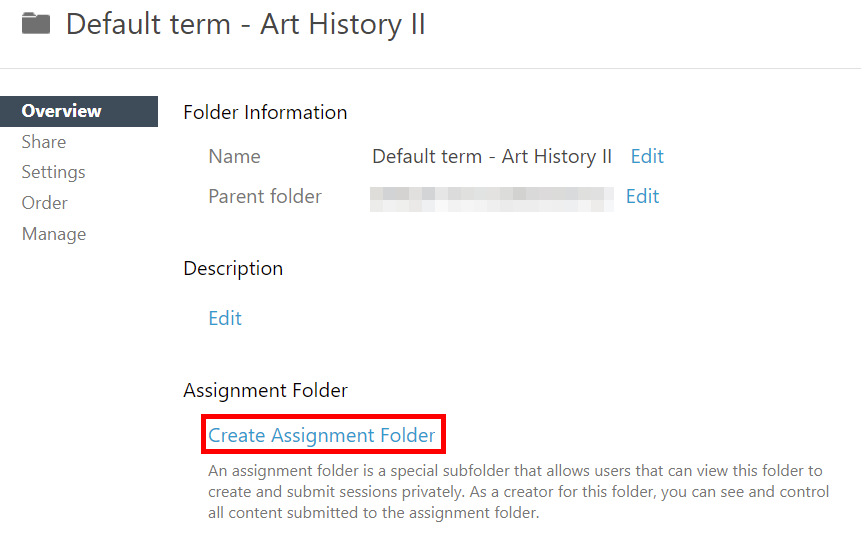 Folder settings, Canvas course folder. Under "Assignment Folder," the option "Create Assignment Folder" is highlighted by a red box.