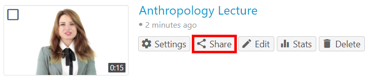 A video in the video library is hovered over by a cursor. The button "Share" is highlighted by a red box. 