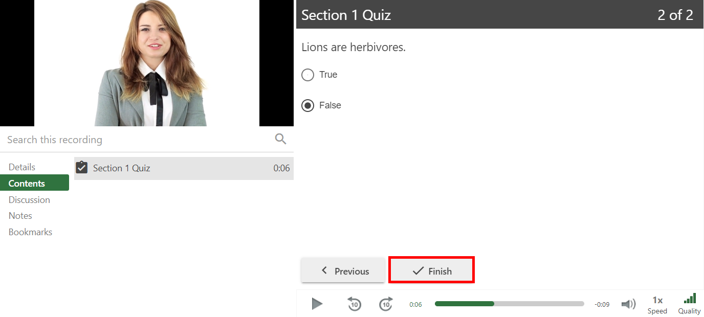 Quiz in the Panopto Viewer. On it, the button "Finish" is highlighted by a red box.