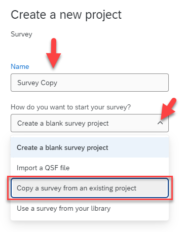 how to select option to copy from an existing project