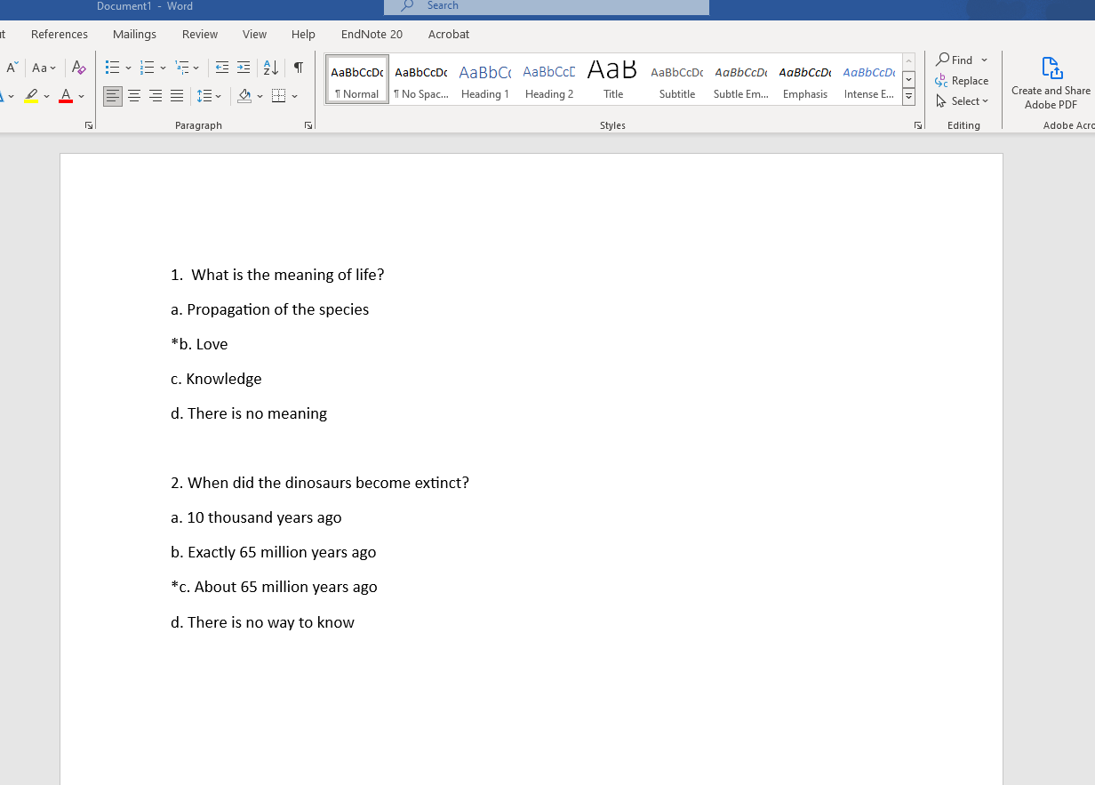 Word document with questions and answers.