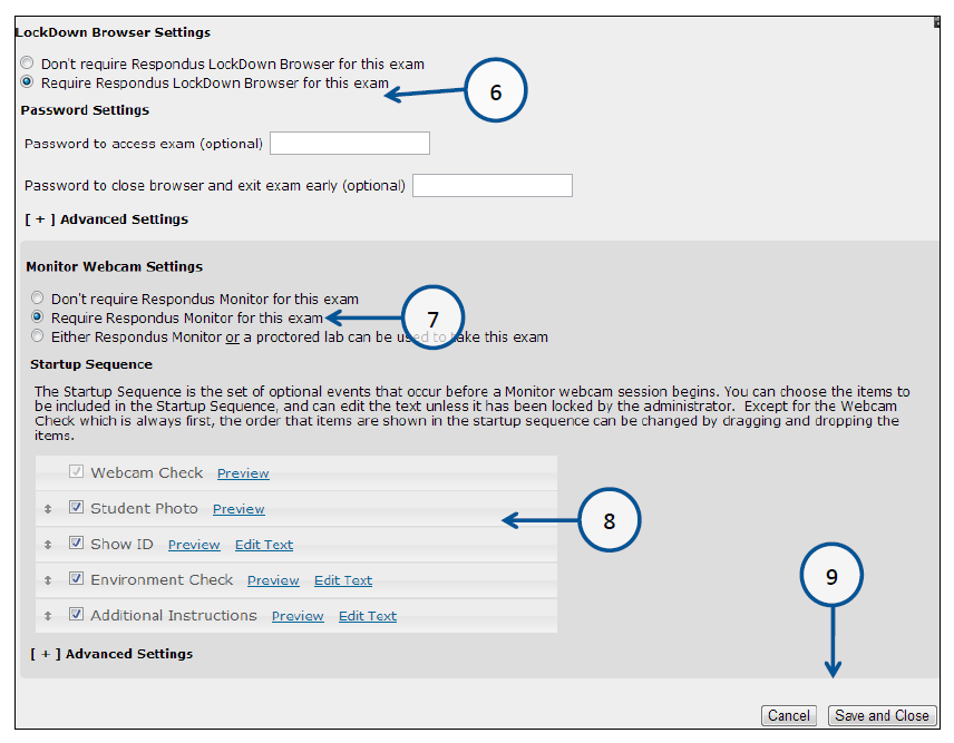 Settings for Respondus Lockdown Browser.