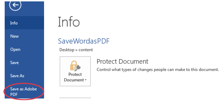a screenshot of the Save as Adobe PDF command in the Word document File Tab