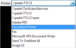 a screenshot of the printer selection drop down menu