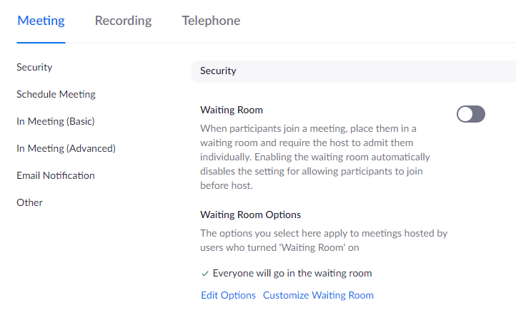 Waiting Room settings in your Zoom profile