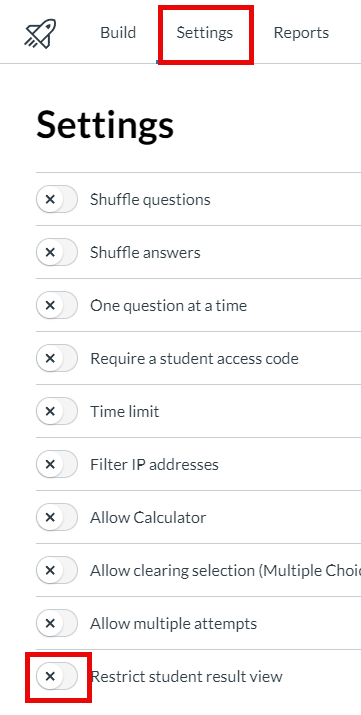 new quizz settings tab, with feedback option highlighted