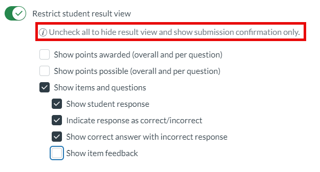screenshot of New Quiz options to restrict feedback