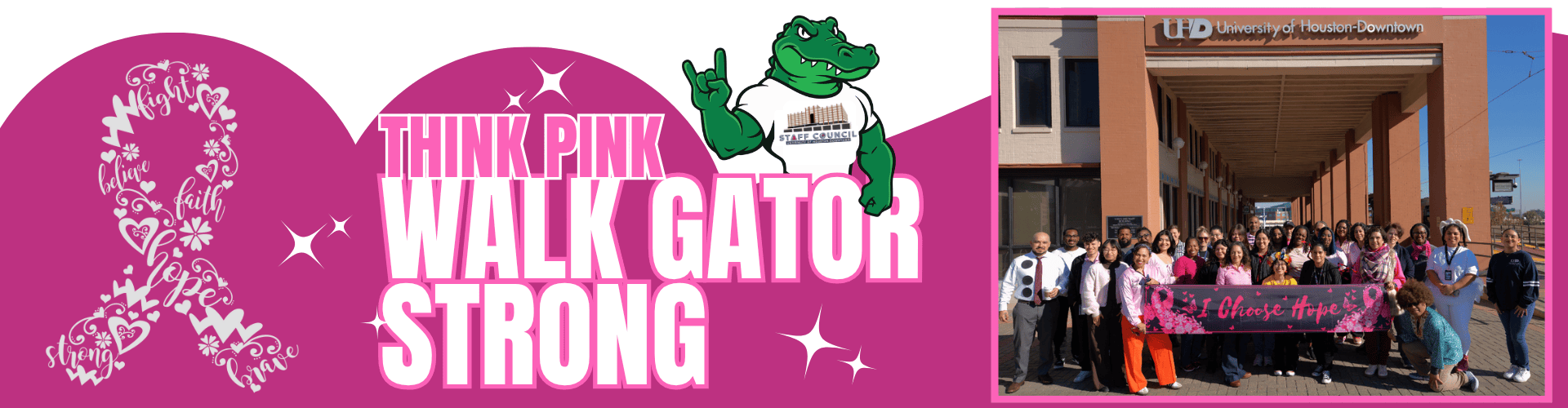 Think Pink Walk Gator feat attendees posing in front of the One Main Building.