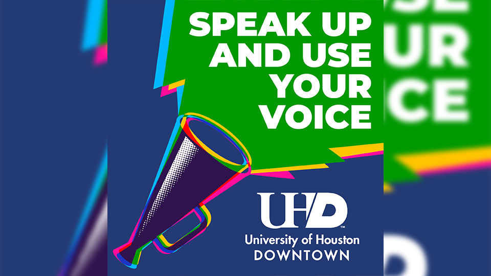 Megaphone with shouting box that says "Speak up and use your voice"