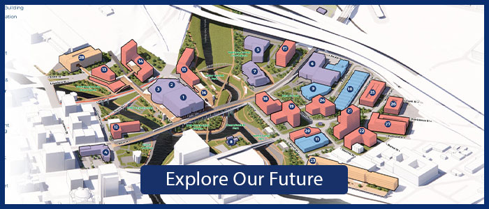 rendering of future UHD campus with Explore our future Button