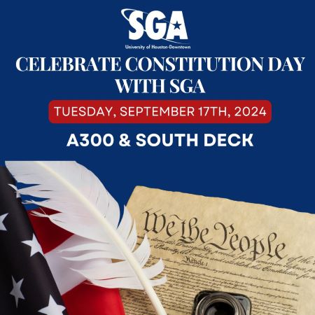 Blue graphic with an American flag, a quill pen, and the top of the American constitution. The words Celebrate Constitution Day with SGA (Student Government Association Day) are on the graphic, along with the location - A300 & South Deck, and the day, Tuesday, Sept. 17.