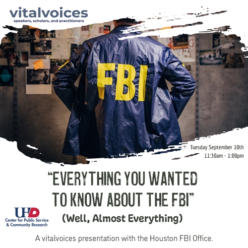 Man wearing blue jacket with yellow letters "FBI" on the back.