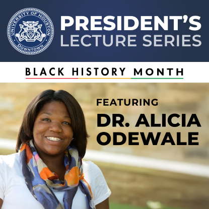 Dr. Odewale is in a white shirt and colorful scarf. She is smiling. The top of the image has a banner that reads "President's Lecture Series, Black History Month."