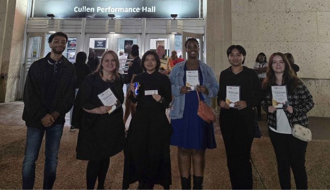 Members of the Music Appreciation Club outside of Cullen Performance Hall during the Terence Blanchard concert.