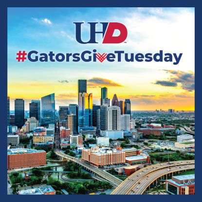 Image of downtown Houston and UHD campus. Superimposed text "Gators Giving Tuesday" is at top of graphic.