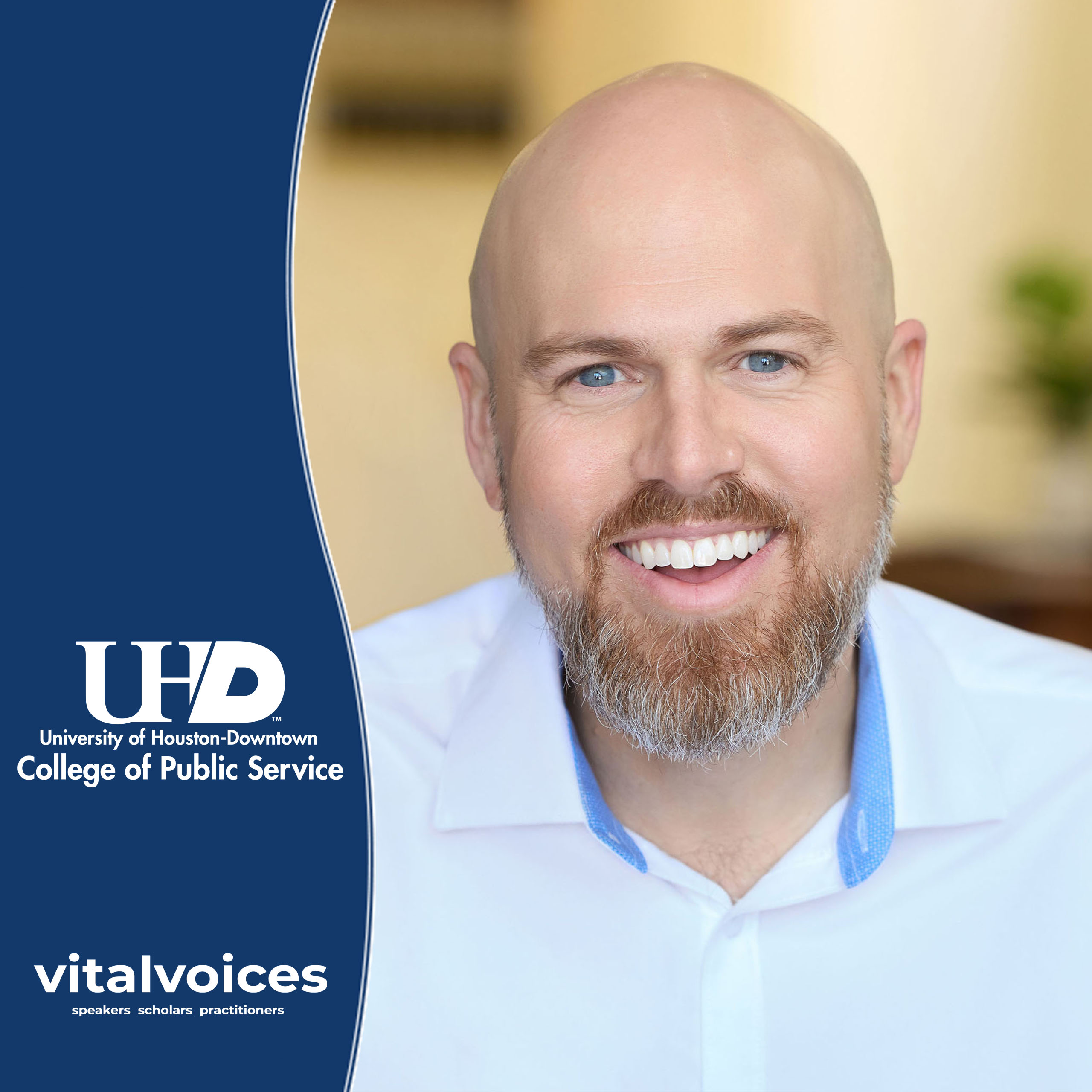 dr. jake porter, licensed professional counselor, smiles. UHD college of public service logo. vitalvoices logo. 