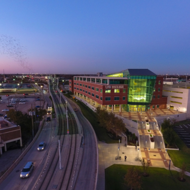 Aerial of the University of Houston-Downtown's Marilyn Davies College of Business in downtown Houston.